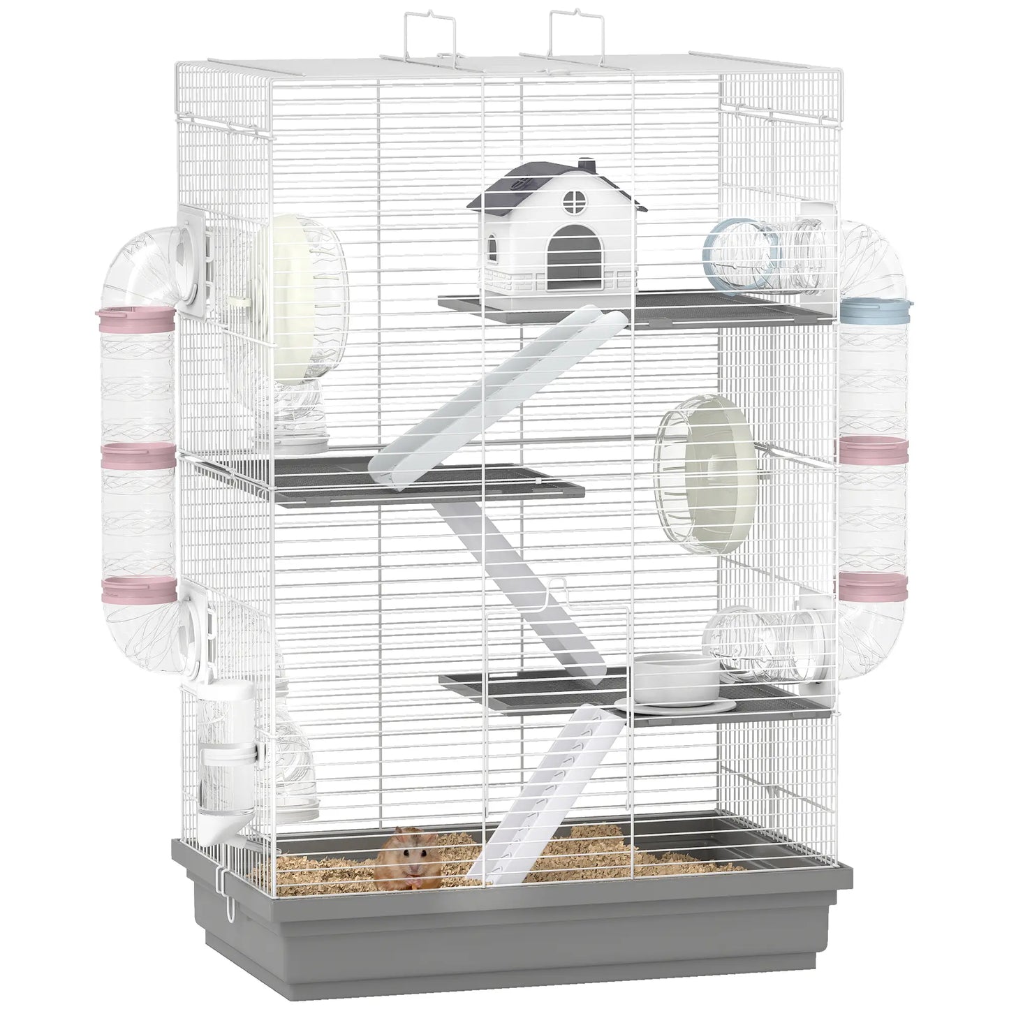 4-Level Large Hamster Cage, DIY Tubes, Water Bottle, Food Dish, Hut, Exercise Wheels, Grey Hamster Cages at Gallery Canada