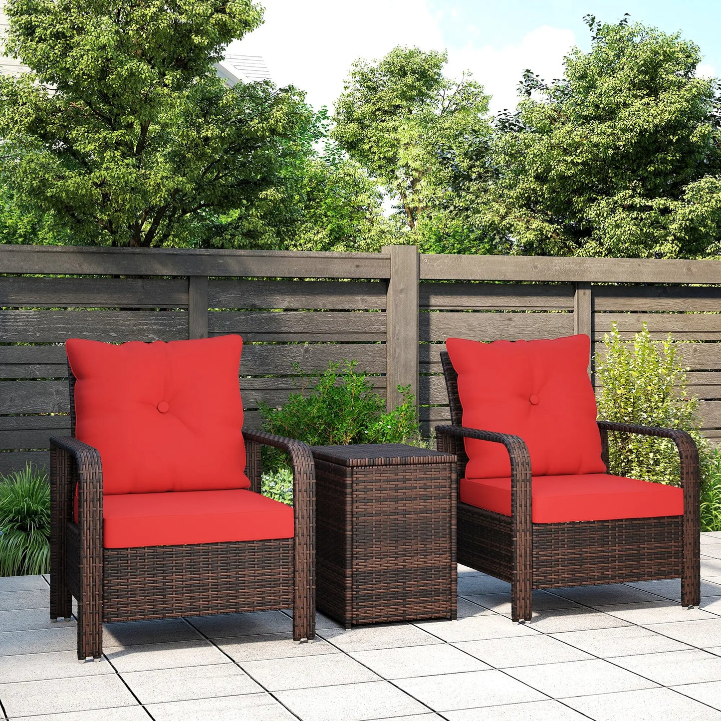 3 Pc Wicker Patio Set, Rattan Bistro with Storage Table, Thickened Cushions, Outdoor Garden Set, Red Bistro Sets at Gallery Canada