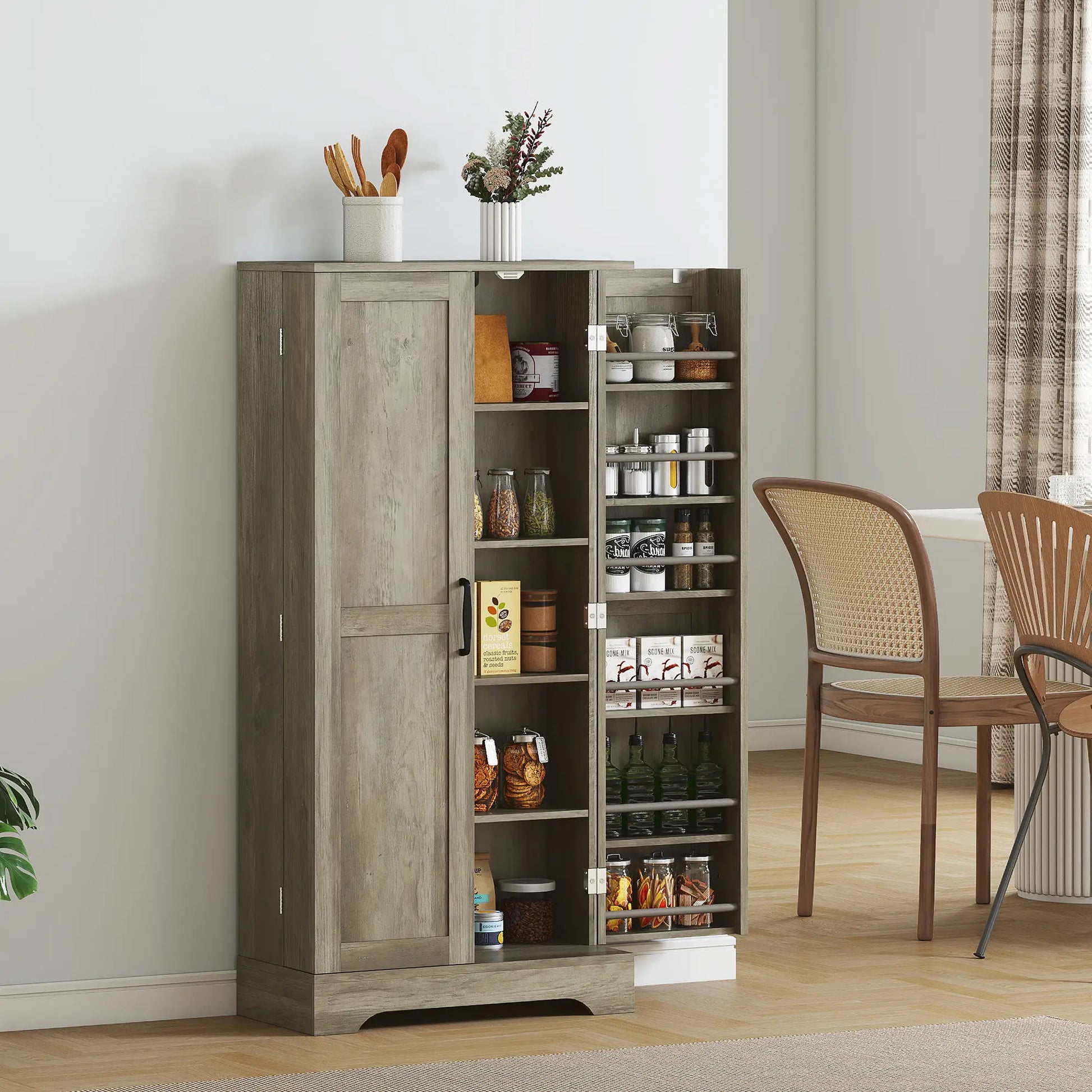 50" Pantry Storage Cabinet, Farmhouse Style, Adjustable Shelves, Distressed Grey, Grey Kitchen Pantry Cabinets at Gallery Canada