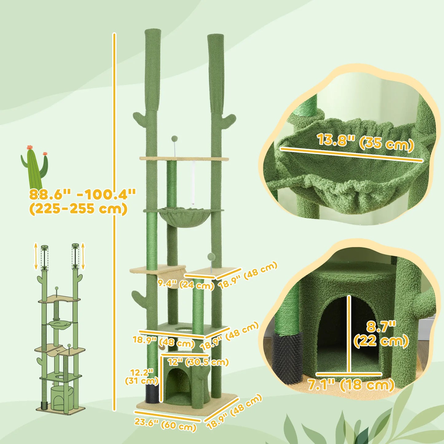 89"-100" Cat Tree Tower for Large Cats, Scratching Posts, Grooming Brush, Green Floor to Ceiling Cat Trees at Gallery Canada