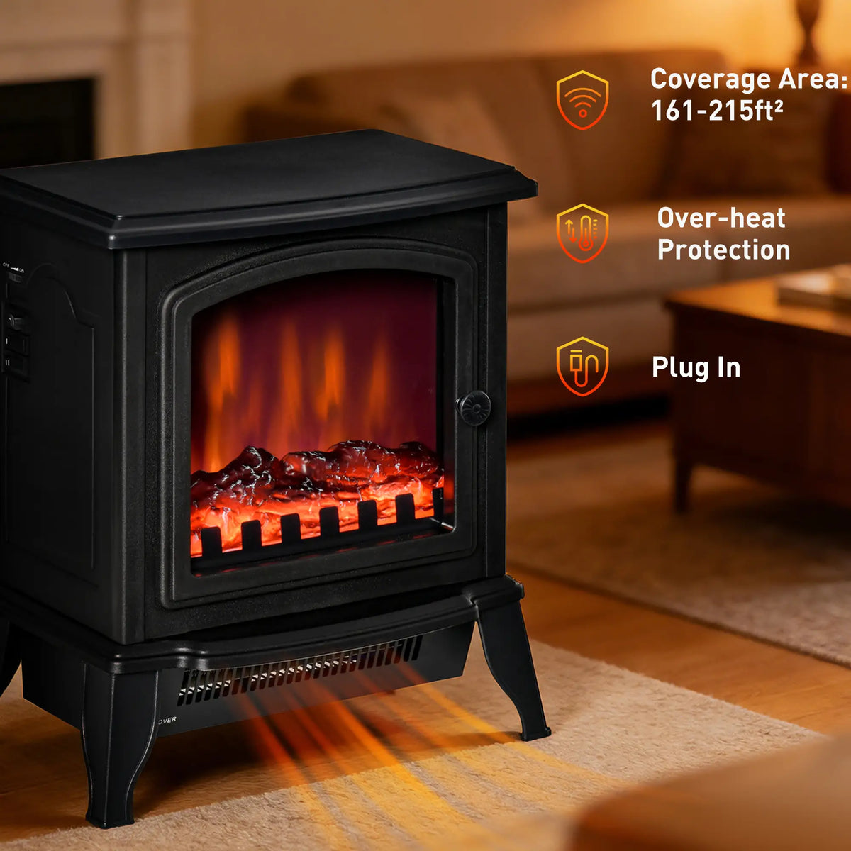 Electric Fireplace Heater, Freestanding, Realistic Flame, Overheat Protection, 750W/1500W, Black Electric Fireplaces at Gallery Canada