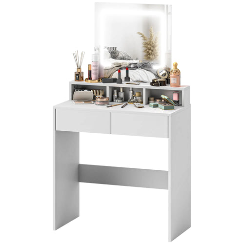 Makeup Vanity Desk with Mirror, LED Lights, Drawers, White
