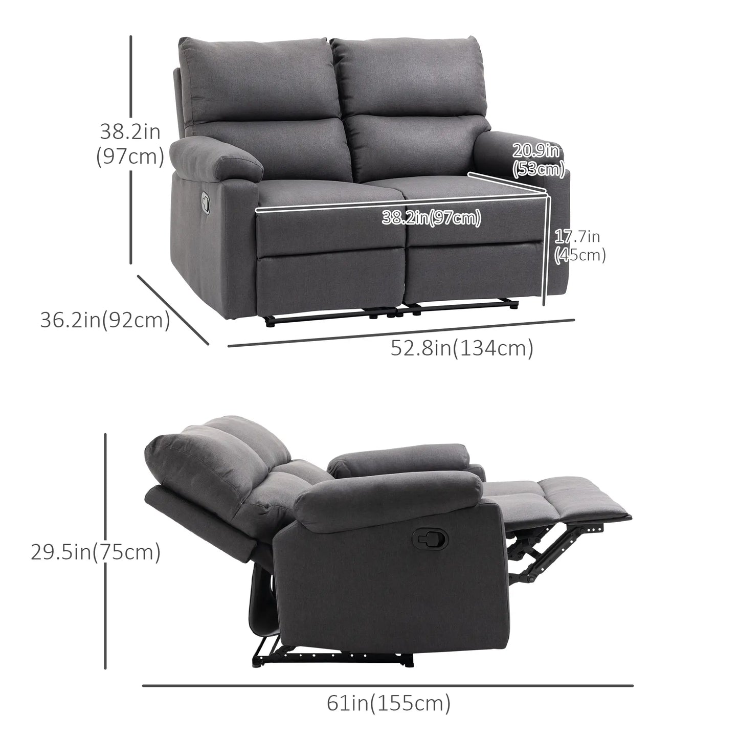 2 Seater Reclining Loveseat, Footrest, Split Backrest, Dark Grey 2-Seater Sofas at Gallery Canada