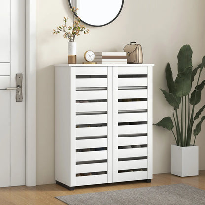 Shoe Storage Cabinet, 2 Slatted Doors, Holds 15 Pairs, White