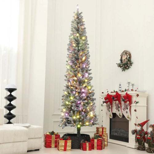 9ft Prelit Pencil Christmas Tree, Flocked, 895 Tips, Dual Color LEDs