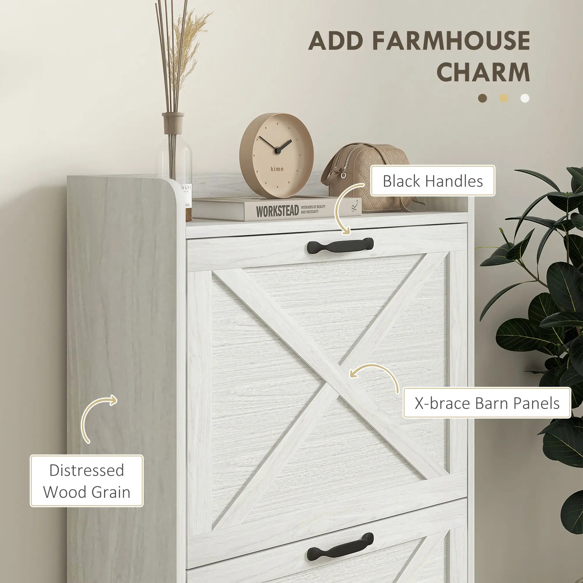 Slim Shoe Storage Cabinet, Farmhouse Style, 2 Flip Drawers, Adjustable Shelves, Holds 8 Pairs, Distressed, White Shoe Storage Cabinets & Racks at Gallery Canada