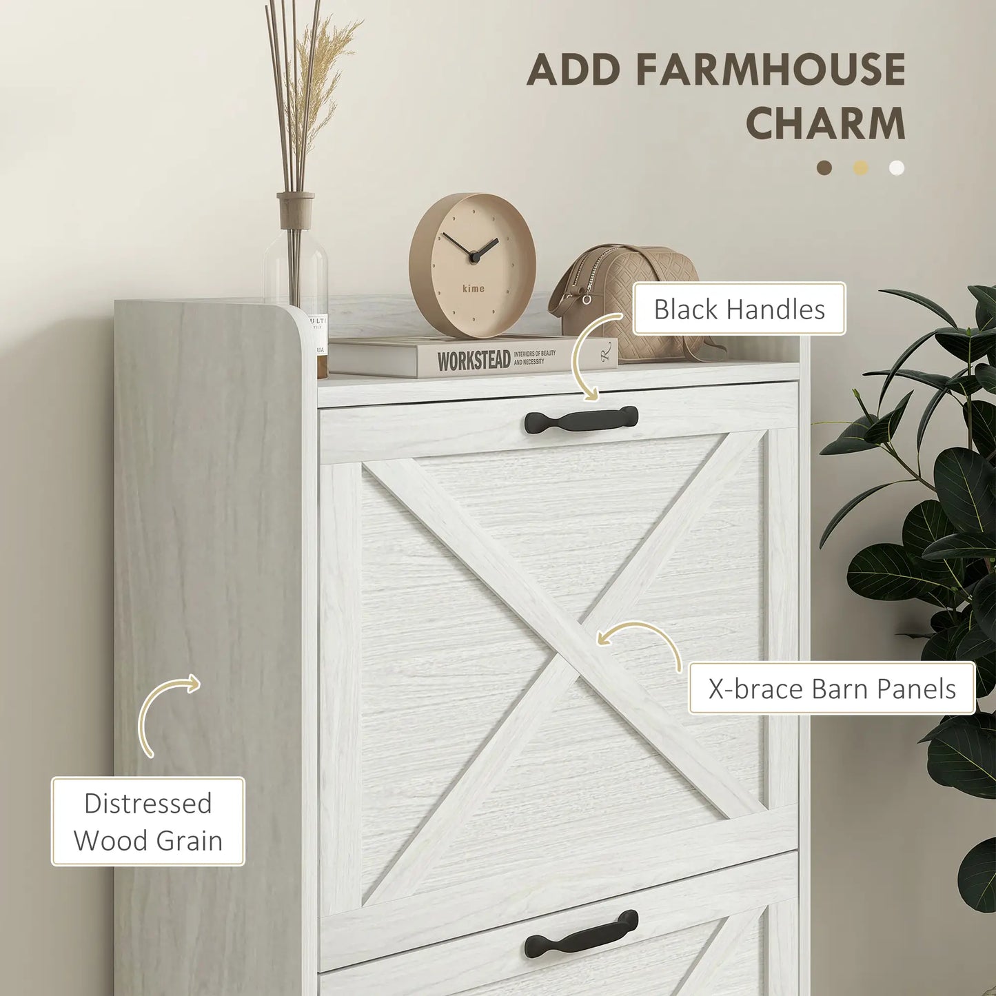 Slim Shoe Storage Cabinet, Farmhouse Style, 2 Flip Drawers, Adjustable Shelves, Holds 8 Pairs, Distressed, White Shoe Storage Cabinets & Racks at Gallery Canada