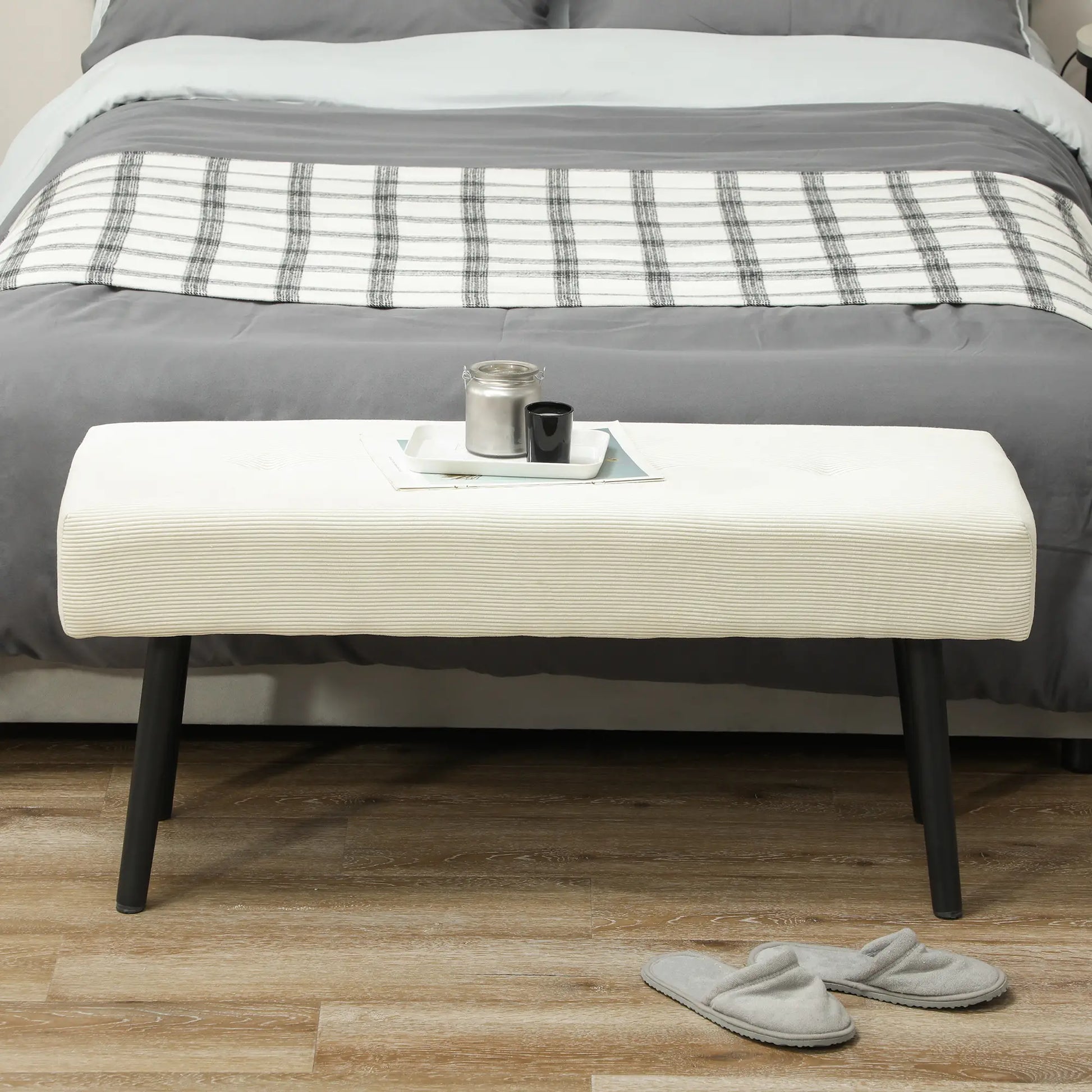 39" Upholstered Ottoman Bench, Corduroy, Cream White Storage Ottomans & Benches at Gallery Canada