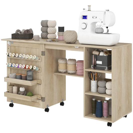 Table de machine à coudre avec abattant, porte en rotin, étagères de rangement, naturel