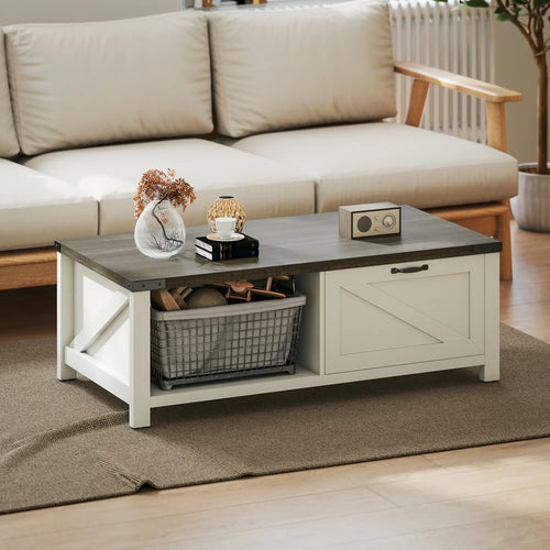 Farmhouse Coffee Table with Drawer, Open Shelf, Distressed White