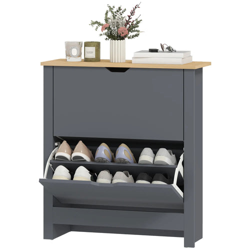 Shoe Storage Cabinet, 2 Flip Drawers, Adjustable Shelves, 12 Pairs, Dark Grey