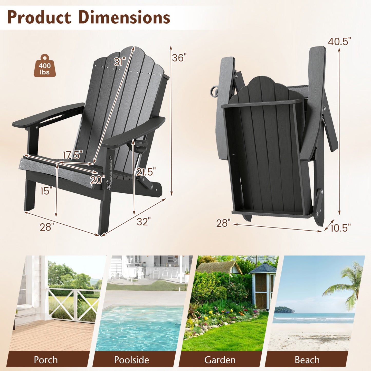 Weather Resistant HDPE Folding Adirondack Chair, Gray Adirondack Chairs at Gallery Canada