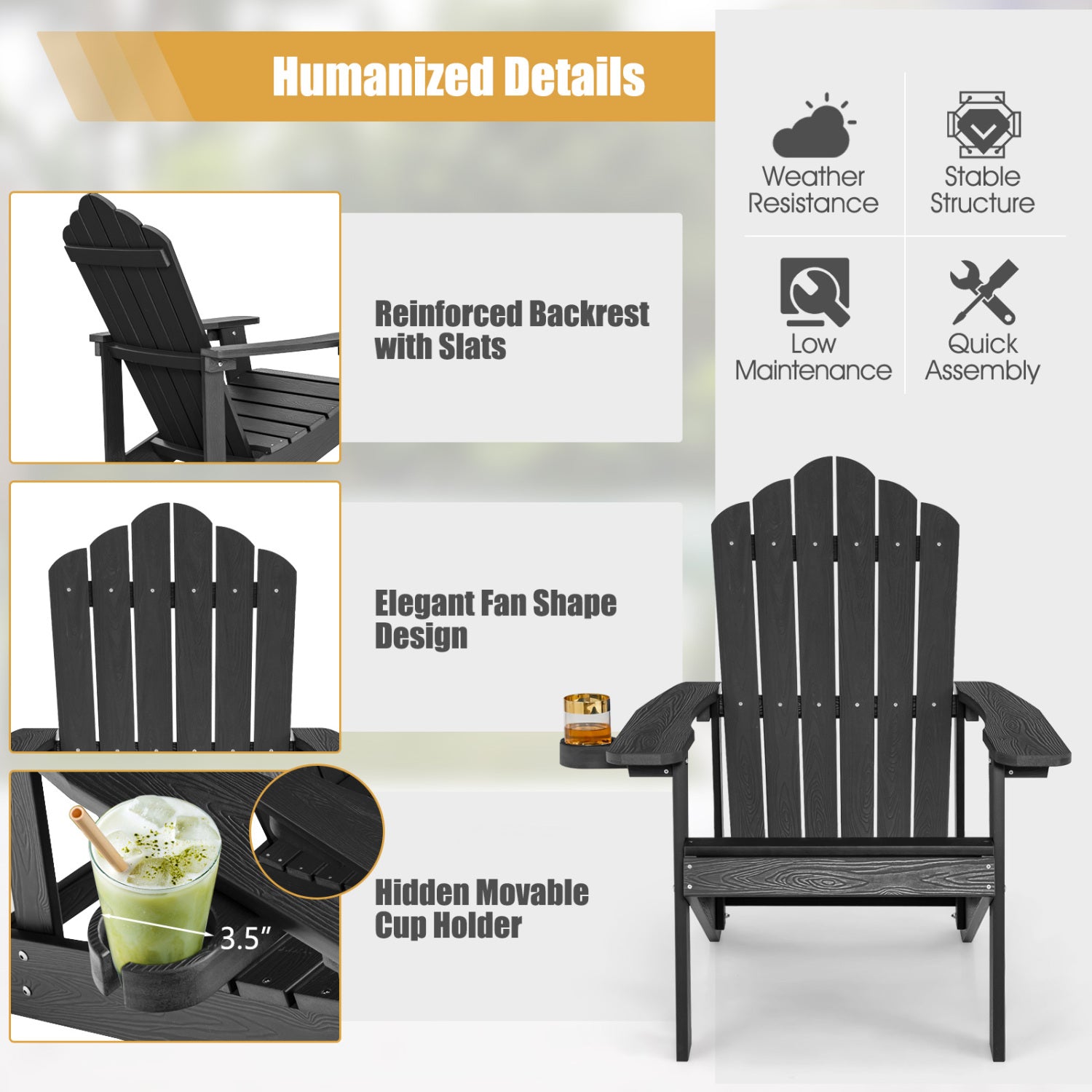 Weather Resistant HIPS Outdoor Adirondack Chair, Black Adirondack Chairs at Gallery Canada