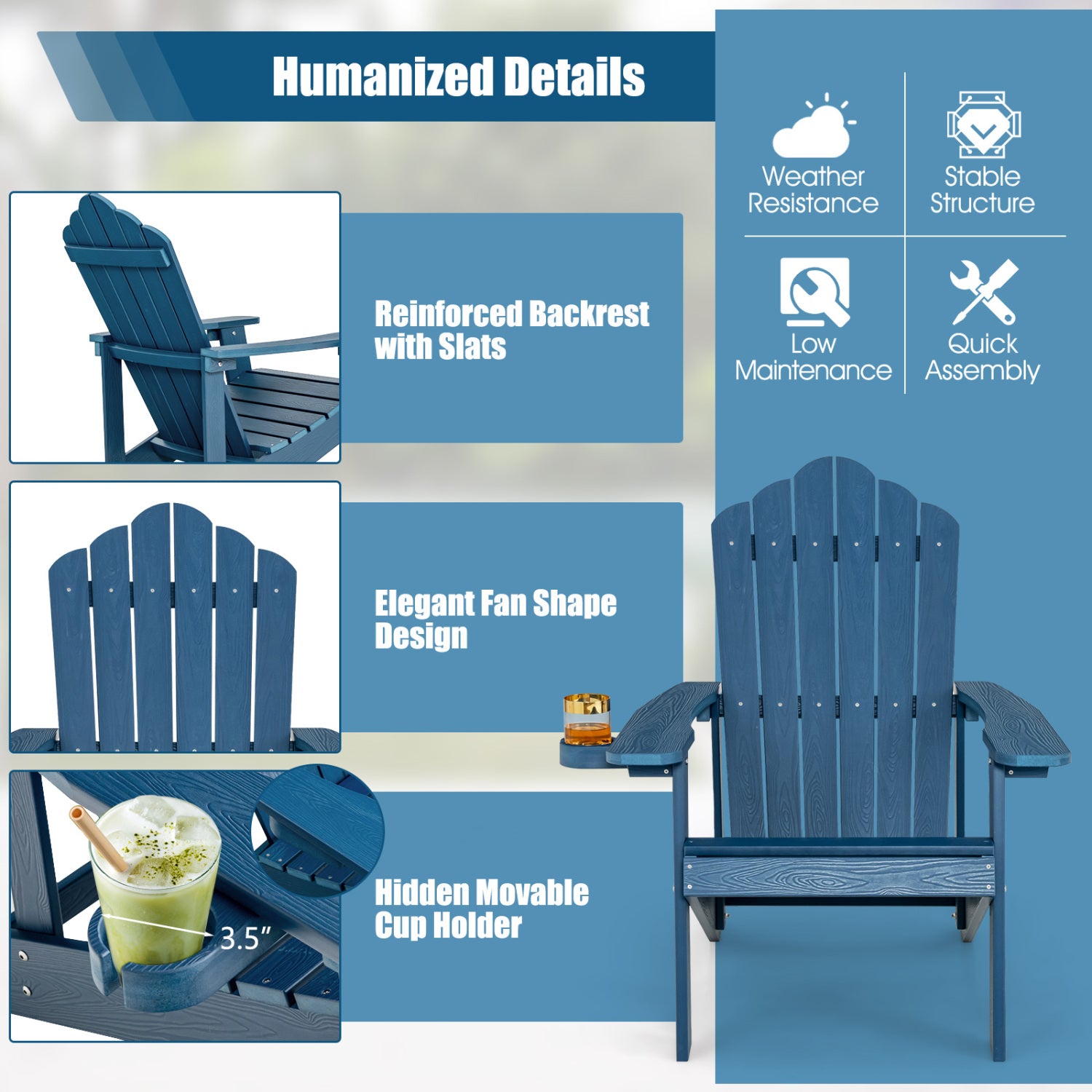 Weather Resistant HIPS Outdoor Adirondack Chair, Navy Adirondack Chairs at Gallery Canada