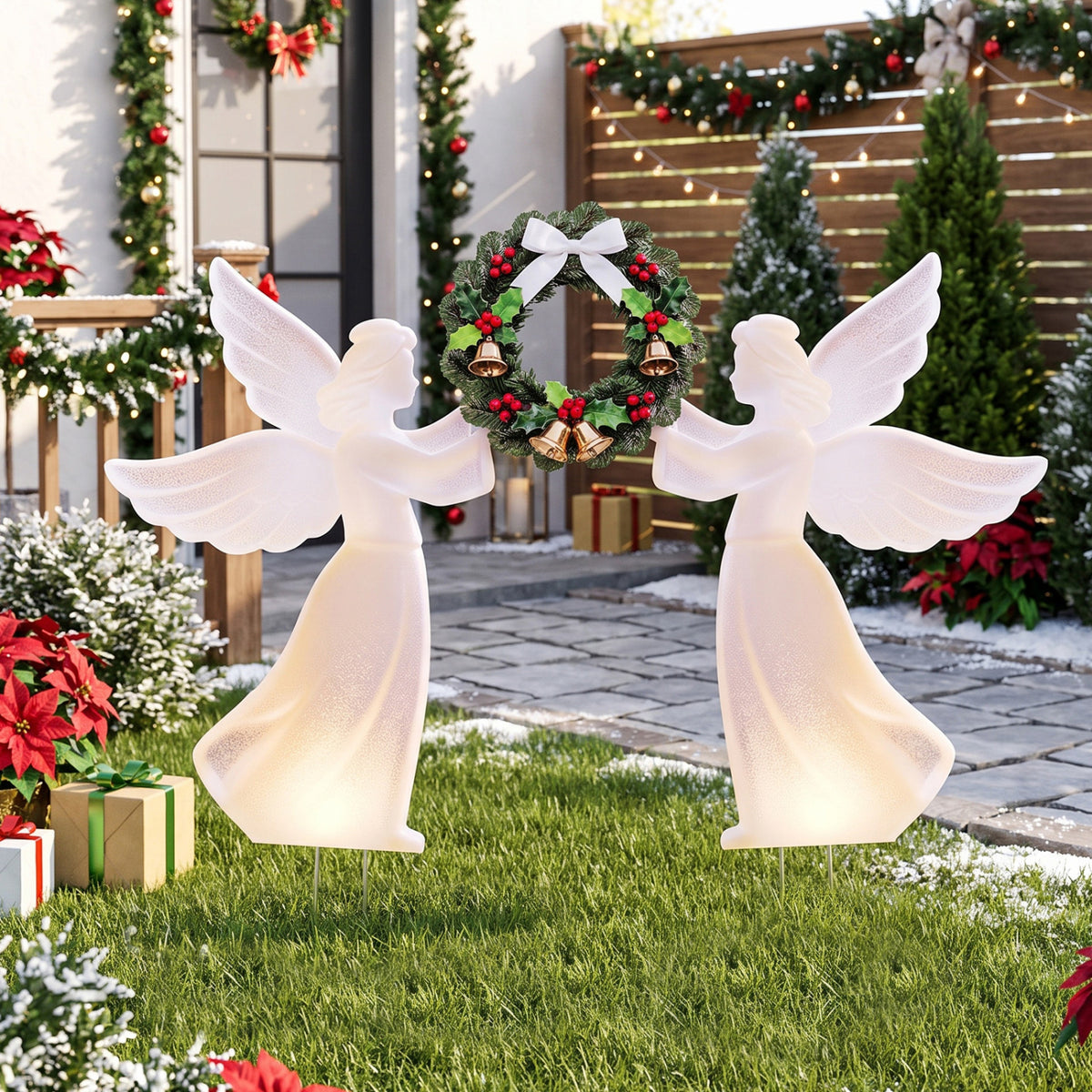 PVC Christmas Angel Decoration And Wreath Set, Pink