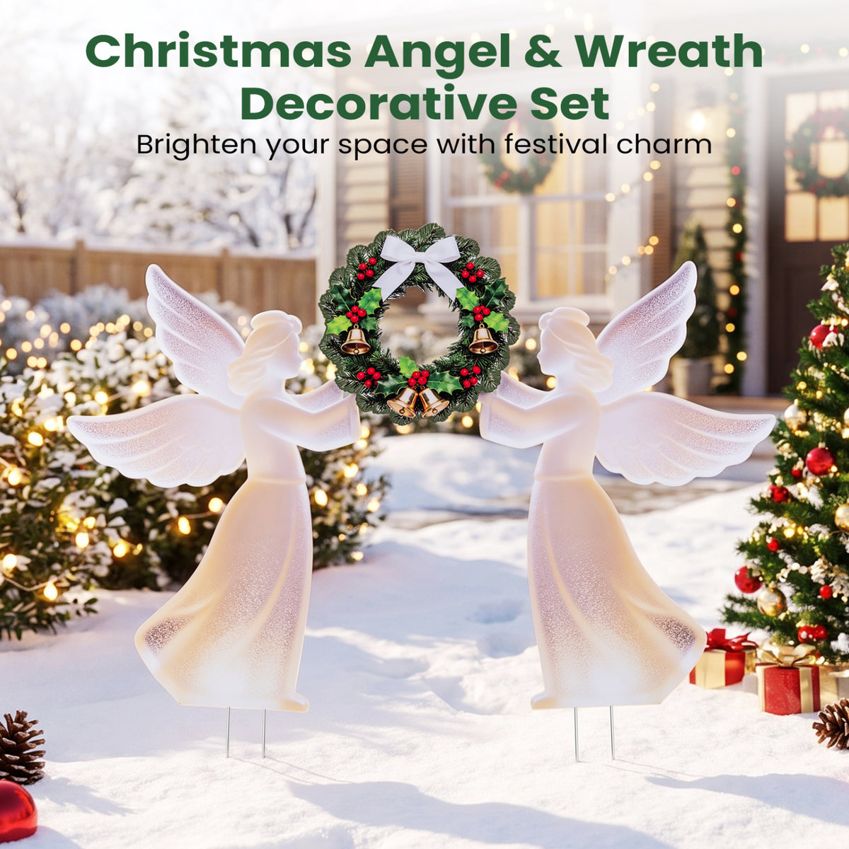 PVC Christmas Angel Decoration And Wreath Set, Pink