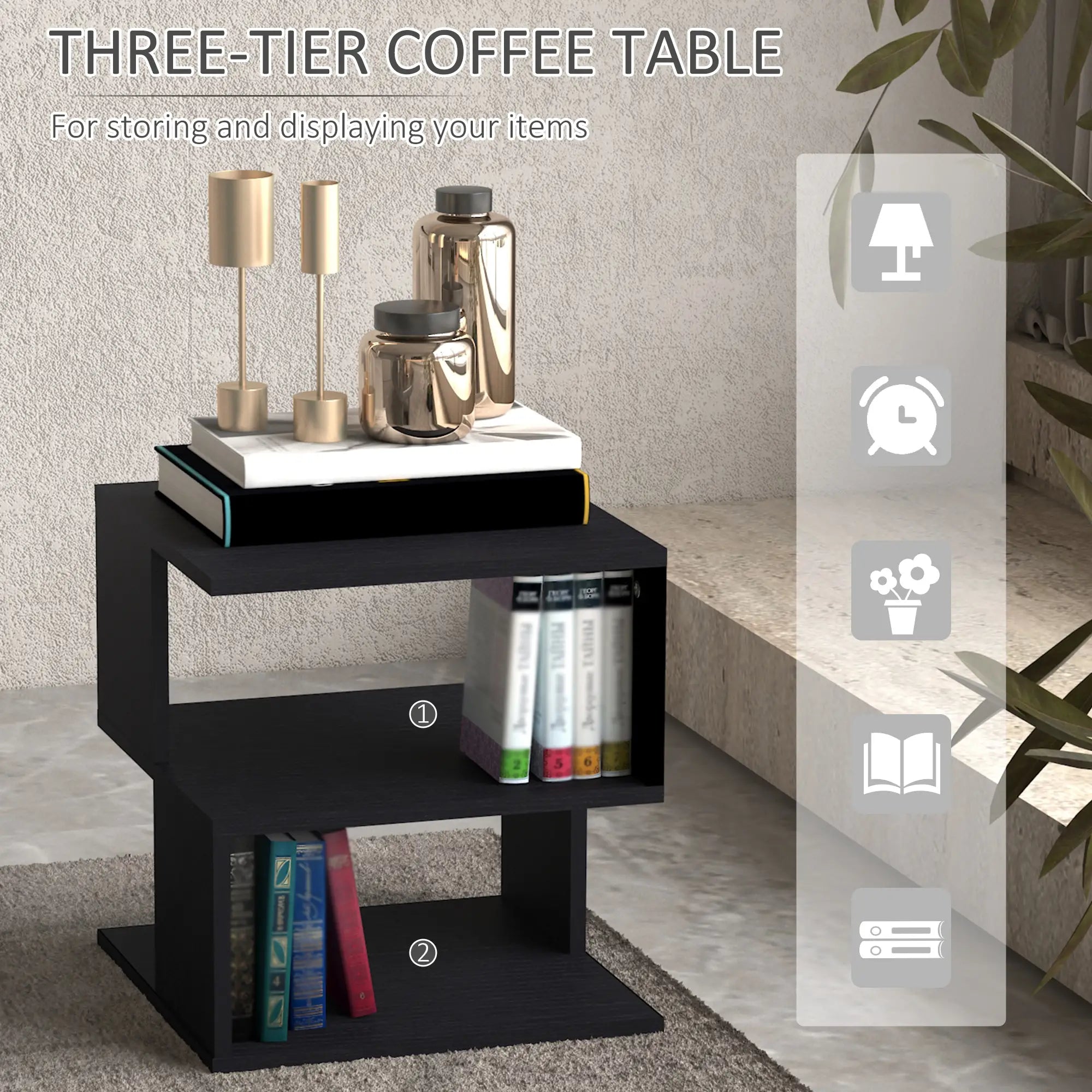 Modern Square 3 Tier Wood Coffee Table, Small Desk, Black Side Tables at Gallery Canada