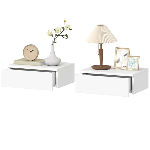 Set of 2 Wall Mounted Bedside Tables, High Gloss Floating Nightstands with Drawer, White