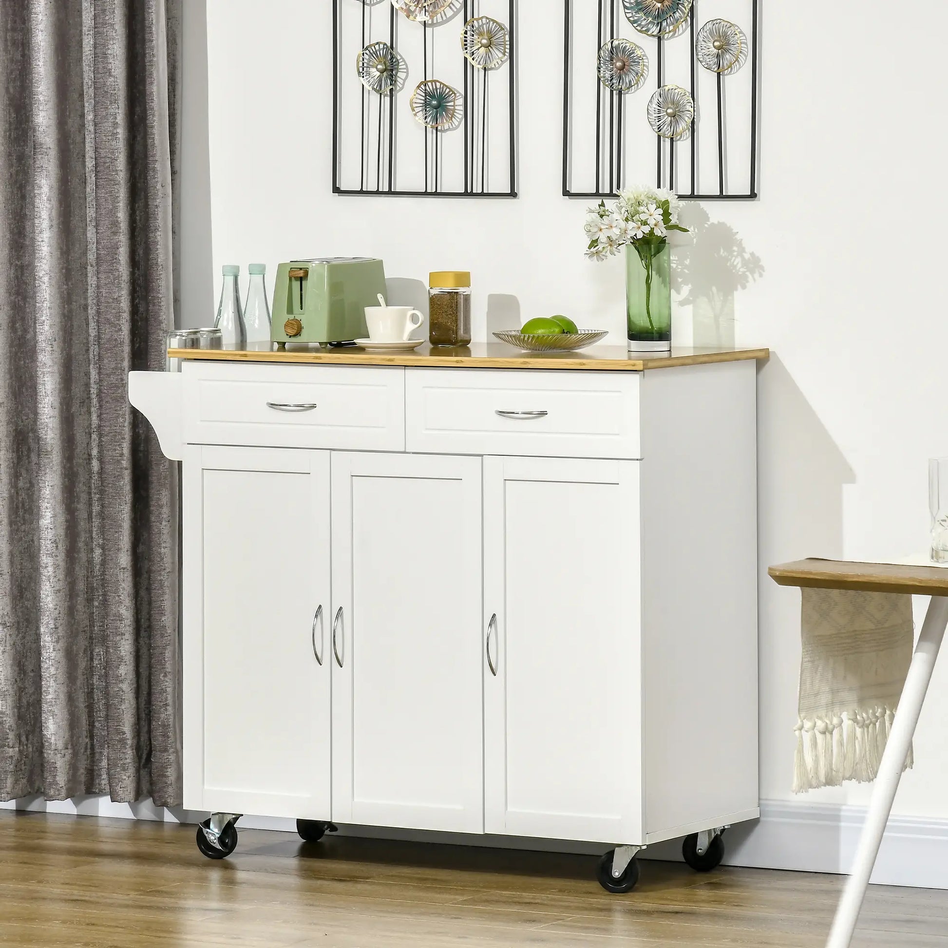 Kitchen Cart with Storage, Bamboo Countertop, Drawers, White Kitchen Islands & Kitchen Carts at Gallery Canada