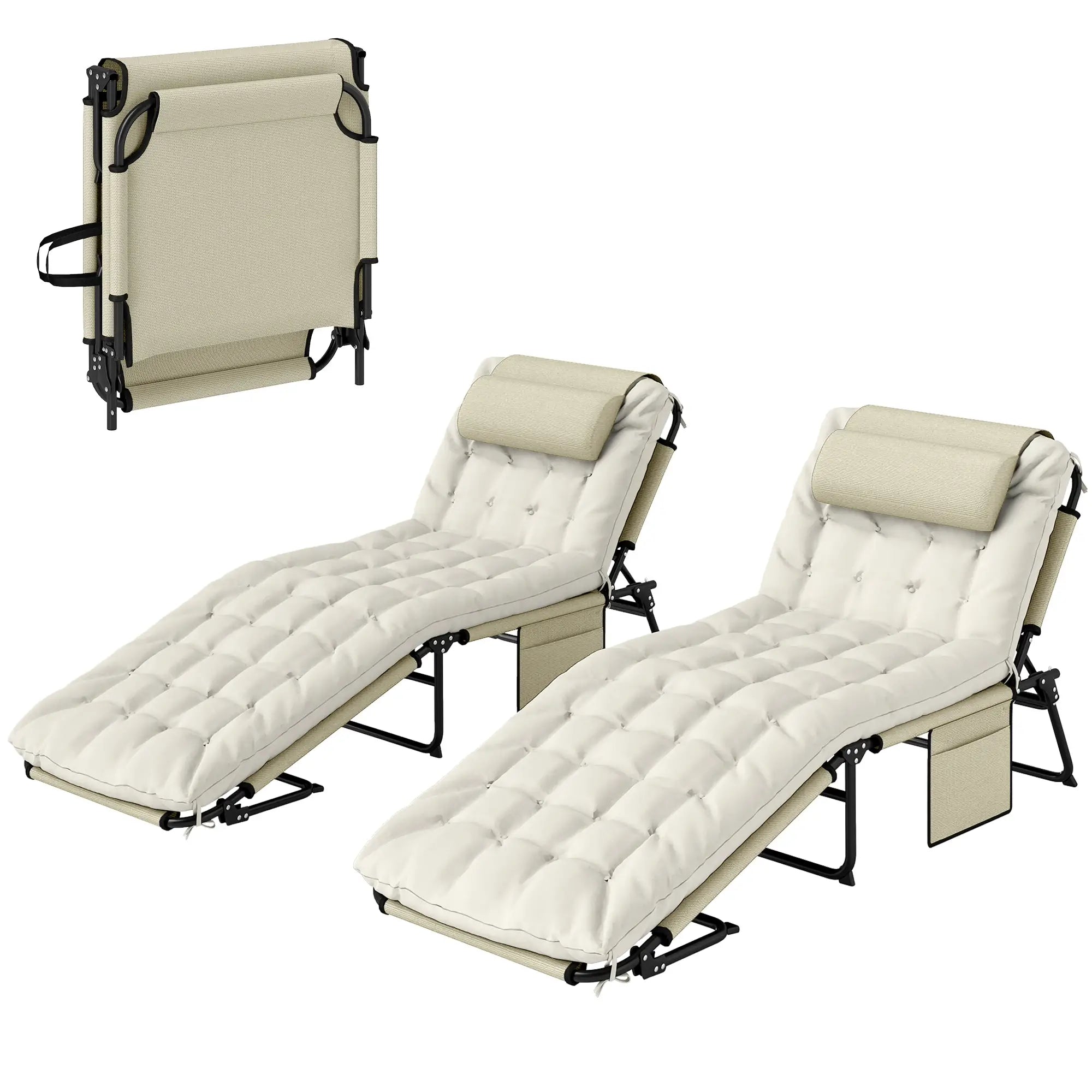2-Piece Folding Lounge Chairs, Adjustable Backrest, Cushion, Side Pocket, Headrest, Beige Lounger Chairs Beige, Black at Gallery Canada
