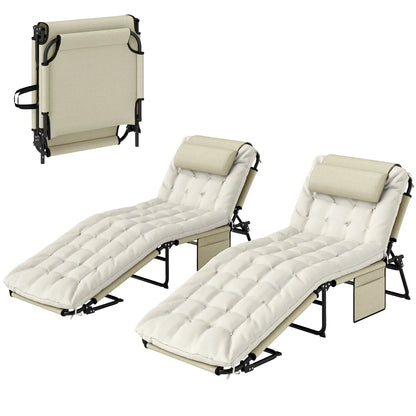 2-Piece Folding Lounge Chairs, Adjustable Backrest, Cushion, Side Pocket, Headrest, Beige Lounger Chairs Beige, Black at Gallery Canada