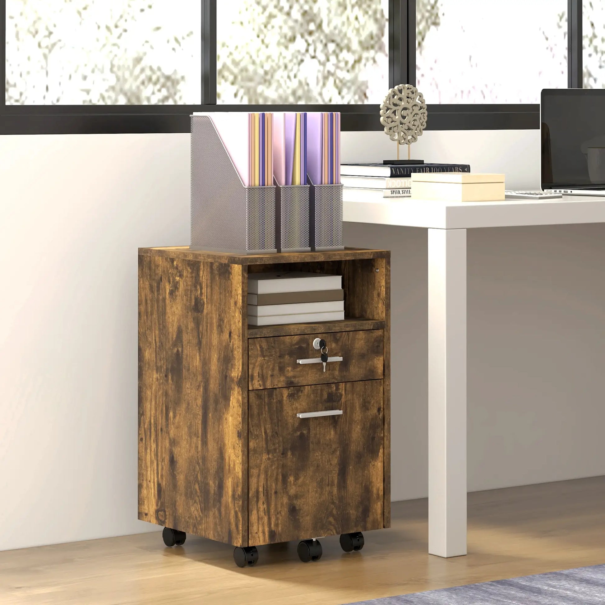 Small 2-Drawer Filing Cabinet, Lockable, on Wheels, Rustic Brown Office Cabinets & Cupboards at Gallery Canada