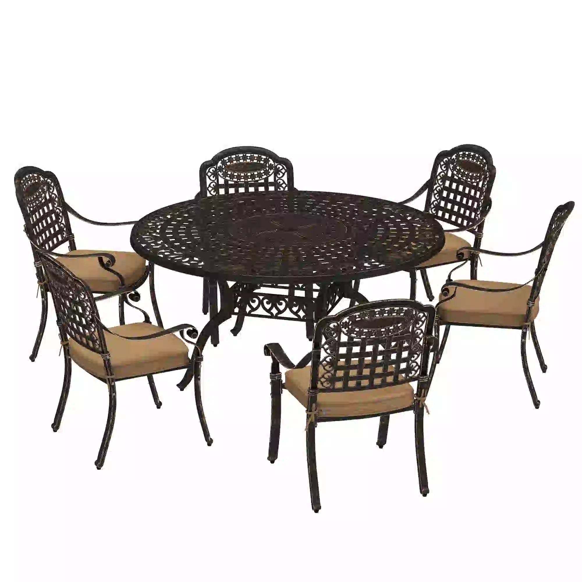 7-Piece Outdoor Dining Set, Aluminum Table and Chairs, 6-Person, Bronze Outdoor Dining Sets Bronze, Khaki at Gallery Canada