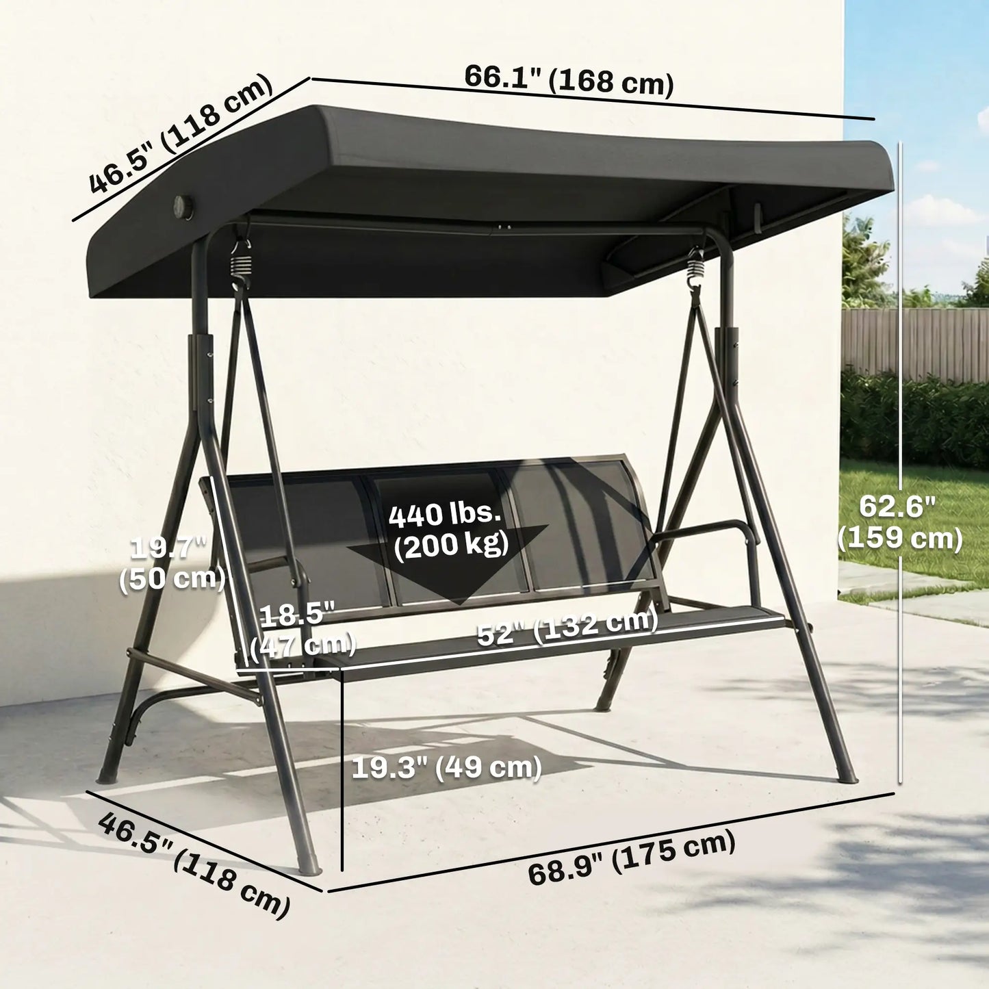 3-Seater Swing Chair, Covered Garden Hammock, A-Frame, Black Patio Swings with Stand at Gallery Canada