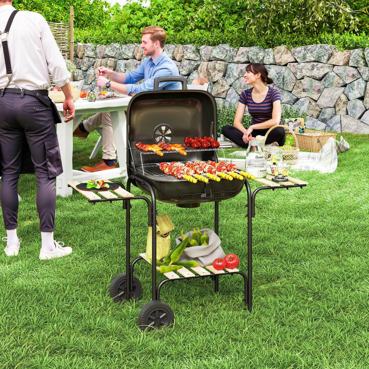 Charcoal BBQ Grill, 1840 cm² Cooking Area, 3 Shelves, Adjustable Vent, Black Charcoal BBQ Grils at Gallery Canada