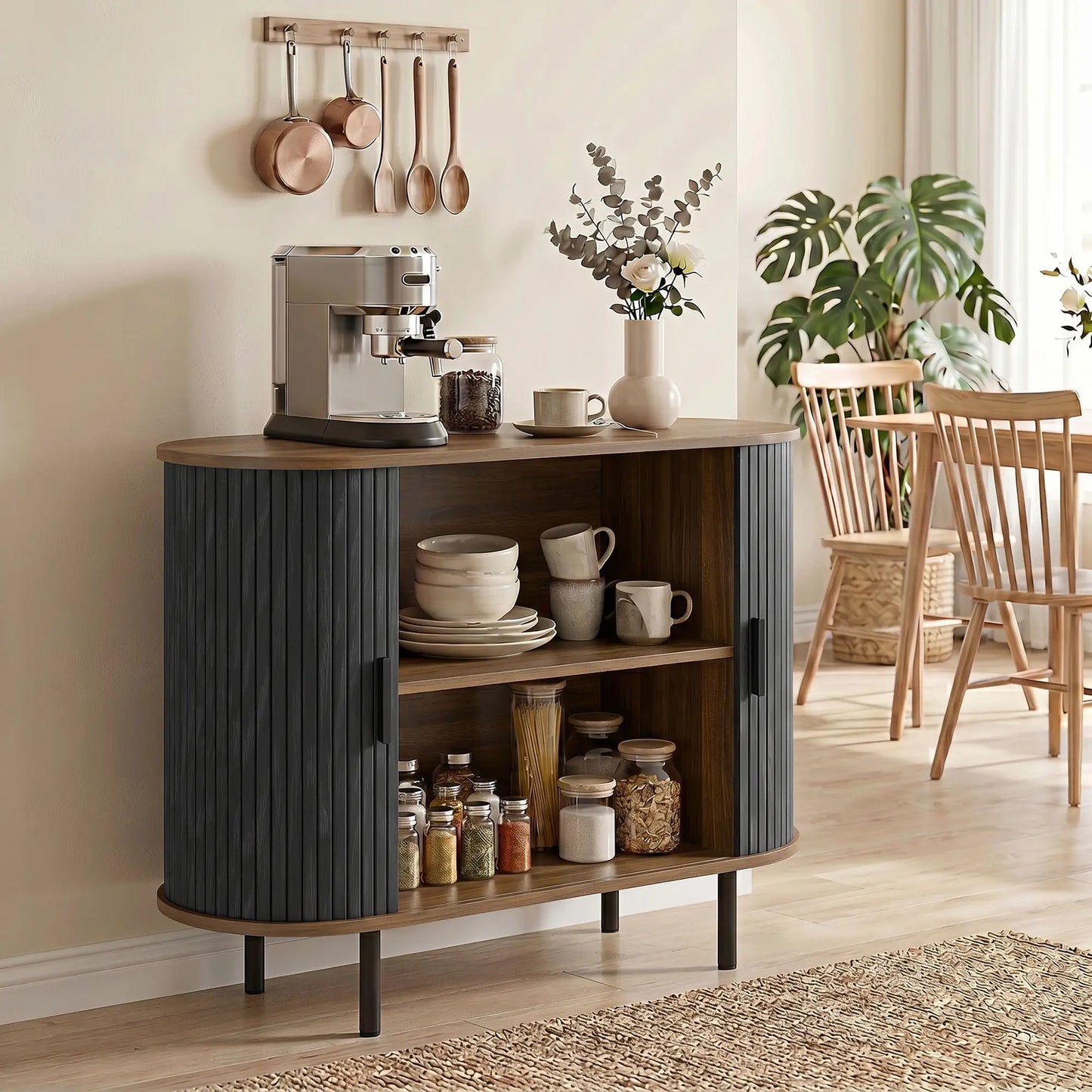 Wood Grain Sideboard With Curved Tambour Doors, Brown