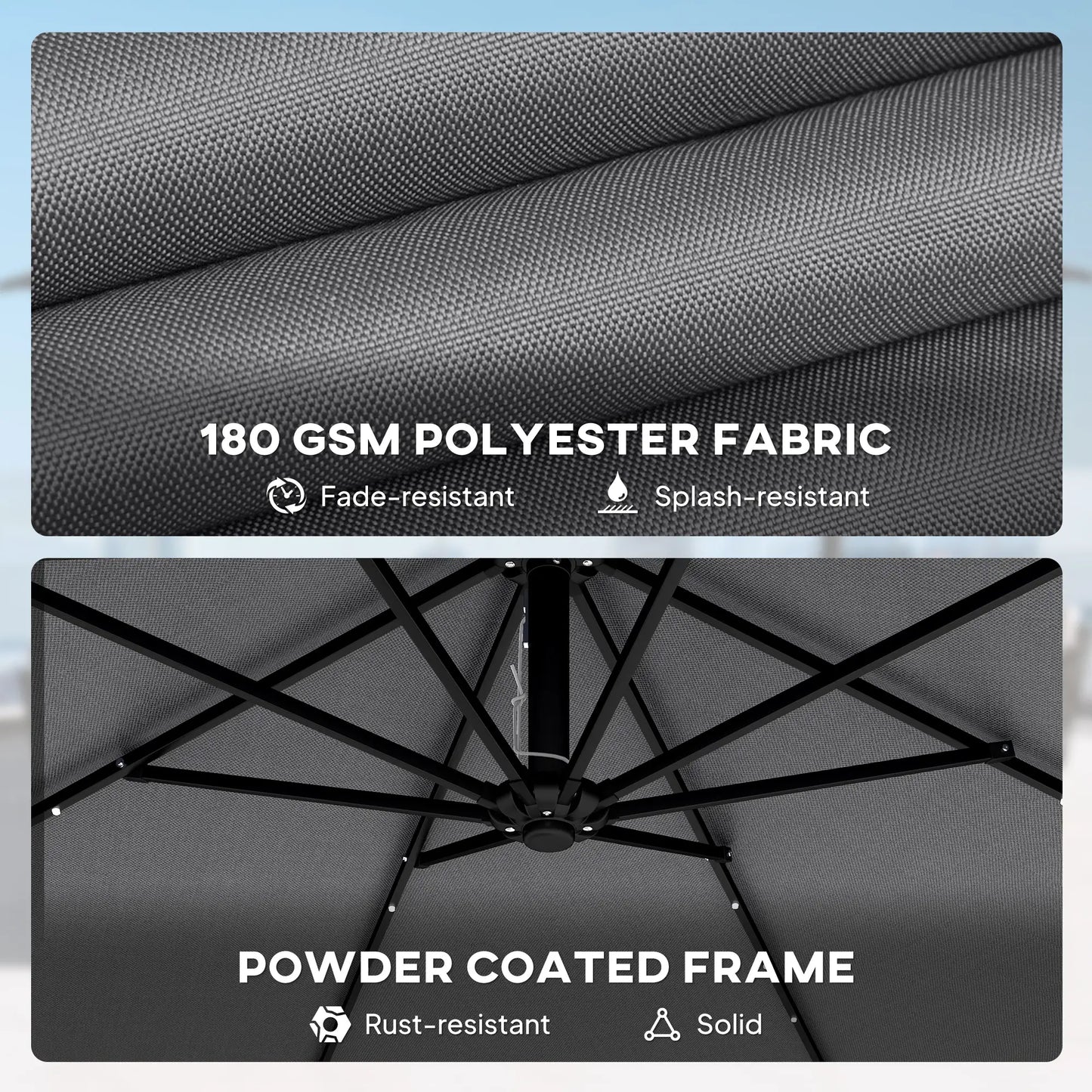 9.7ft Solar LED Cantilever Patio Umbrella, 32 LED Lights, Cross Base, Crank Handle, Dark Grey Offset Cantilever Umbrellas at Gallery Canada