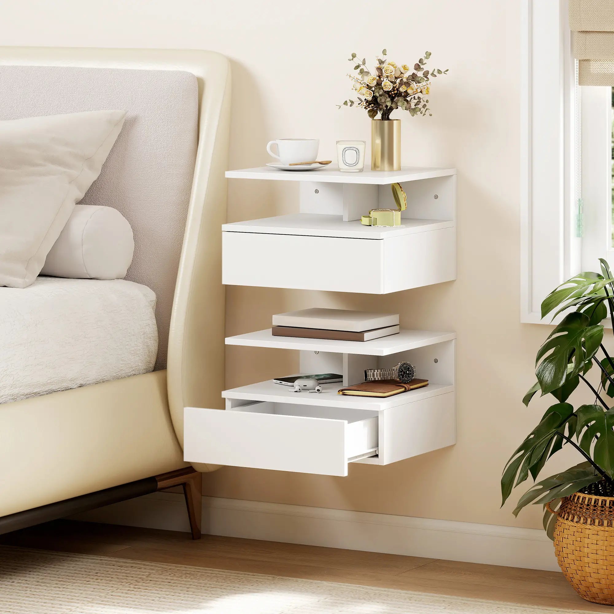Floating Nightstand Set of 2, Wall Mounted with Drawer, White Bedside Tables at Gallery Canada