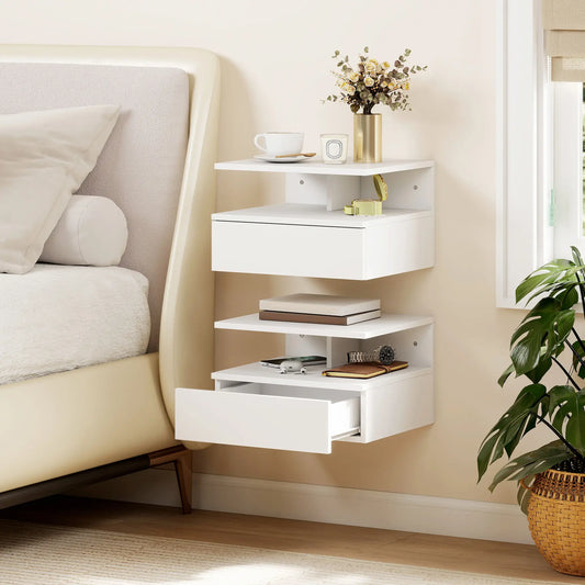 Floating Nightstand Set of 2, Wall Mounted with Drawer, White Bedside Tables White at Gallery Canada