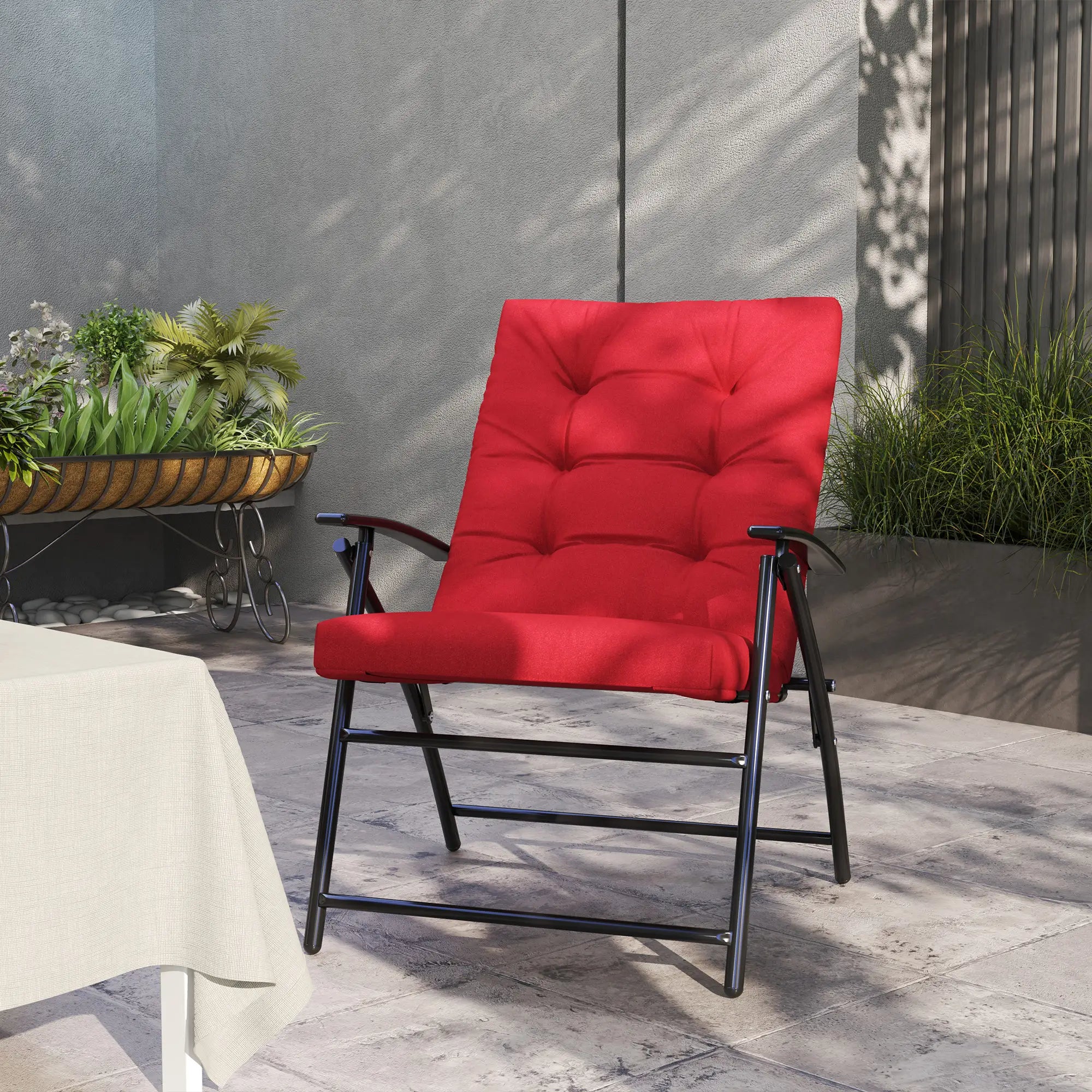 Foldable Lounge Chair, Fabric Recliner, Outdoor Lounger with Armrest, Metal Frame, Red Patio Chairs at Gallery Canada