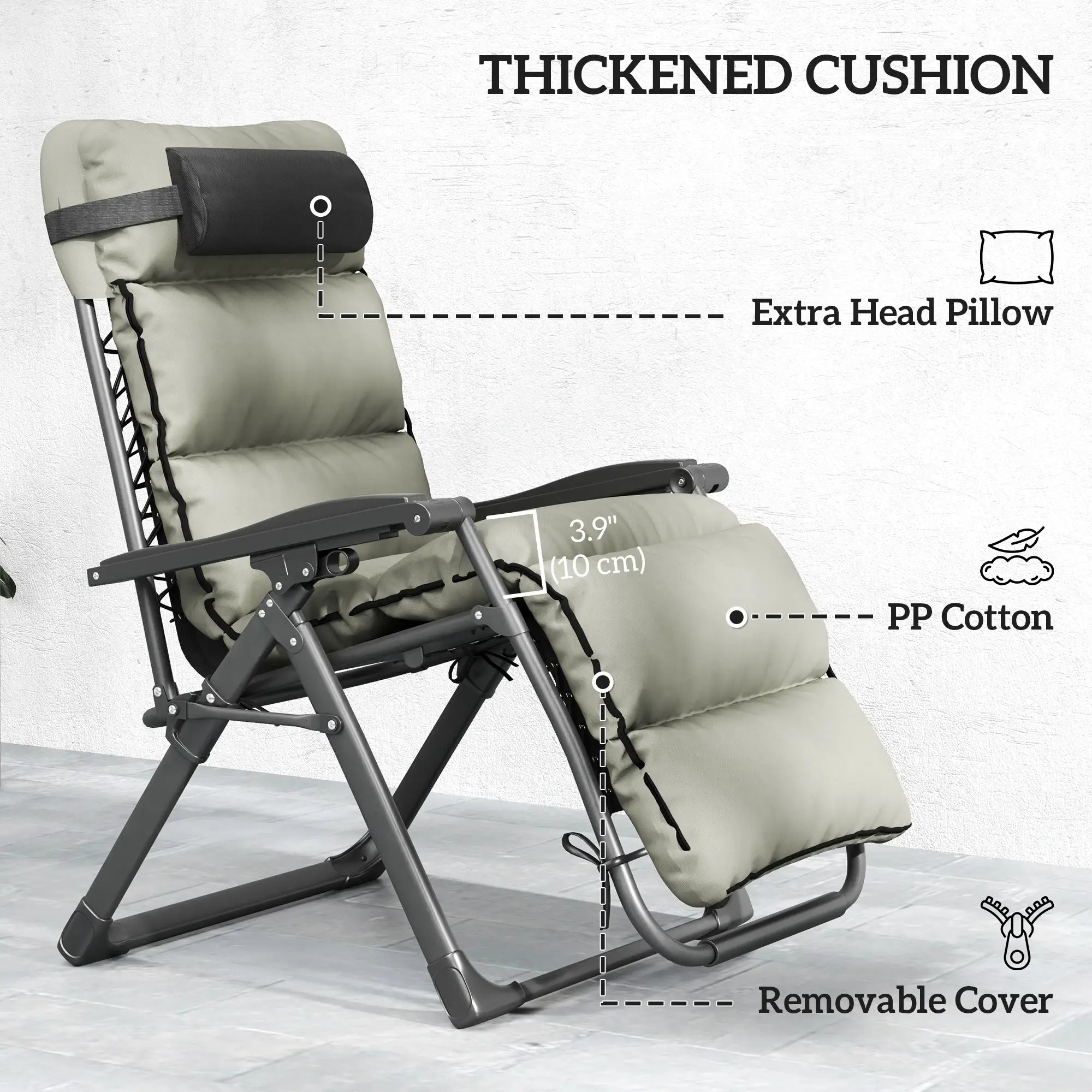 Reclining Zero Gravity Chair, Adjustable Backrest, Folding Sun Lounger, Removable Cushion, Grey Lounger Chairs at Gallery Canada