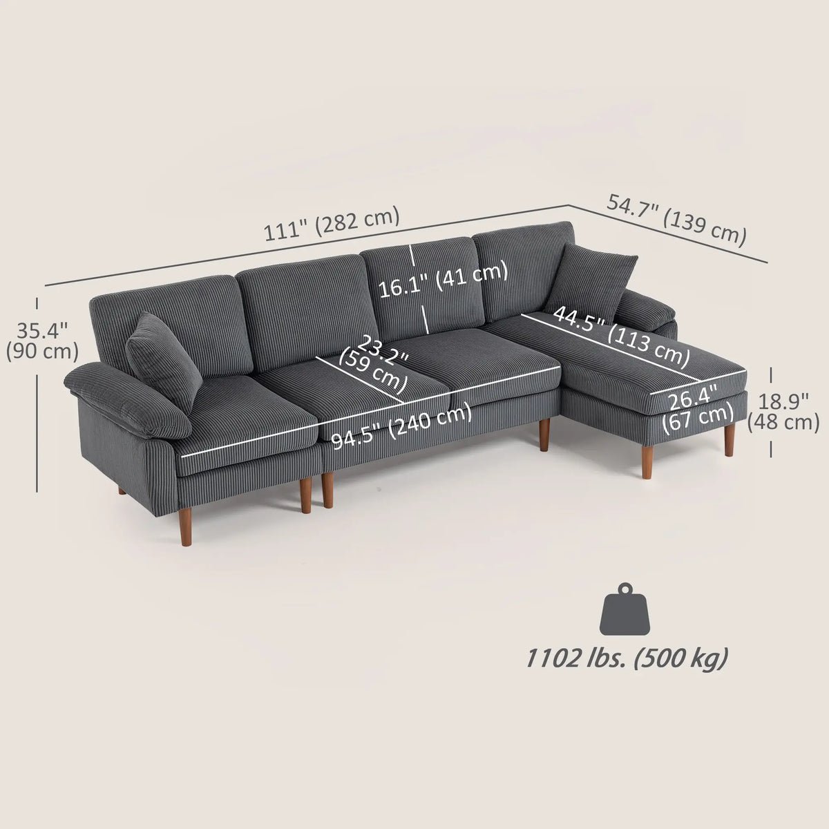 L-Shape Sofa, Modern Sectional Couch with Chaise, Dark Grey 3-Seater Sofas at Gallery Canada