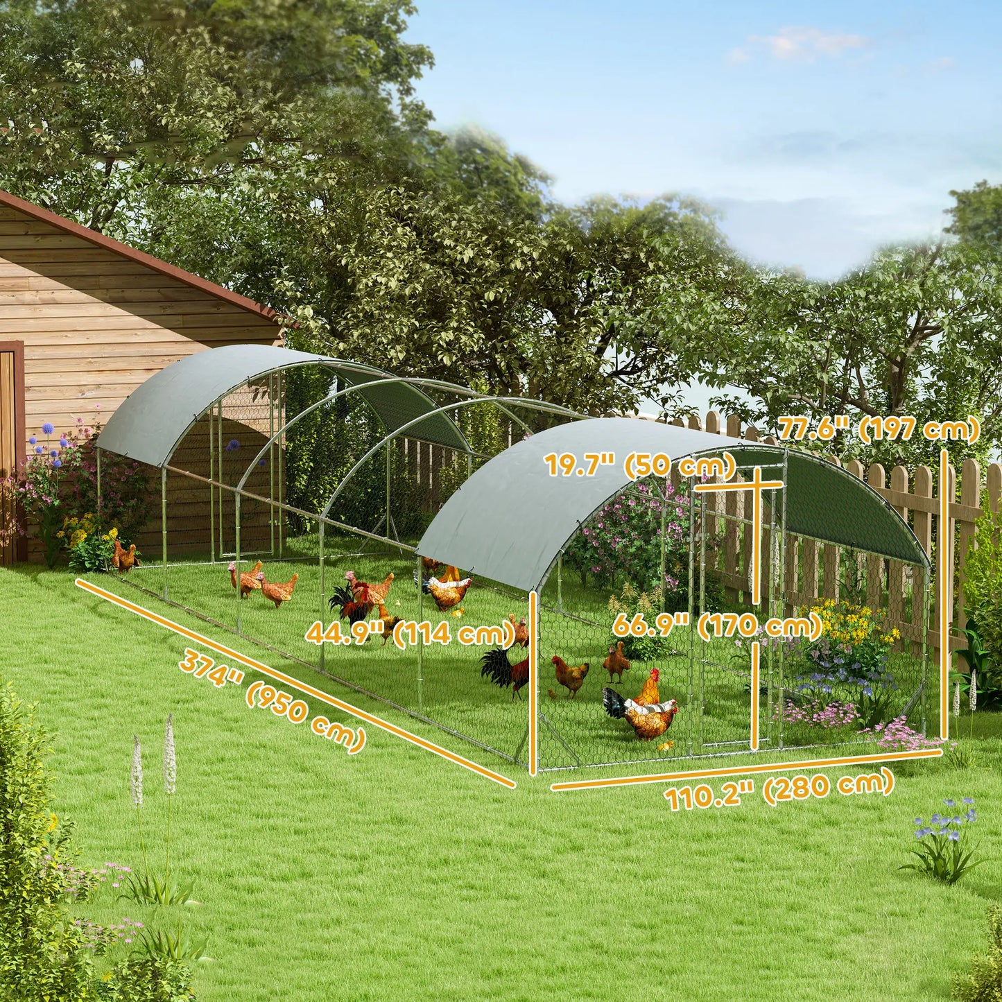 Galvanized Metal Chicken Coop Walk-in Enclosure, 9.2' × 31.2' × 6.4', Silver Chicken Coops at Gallery Canada