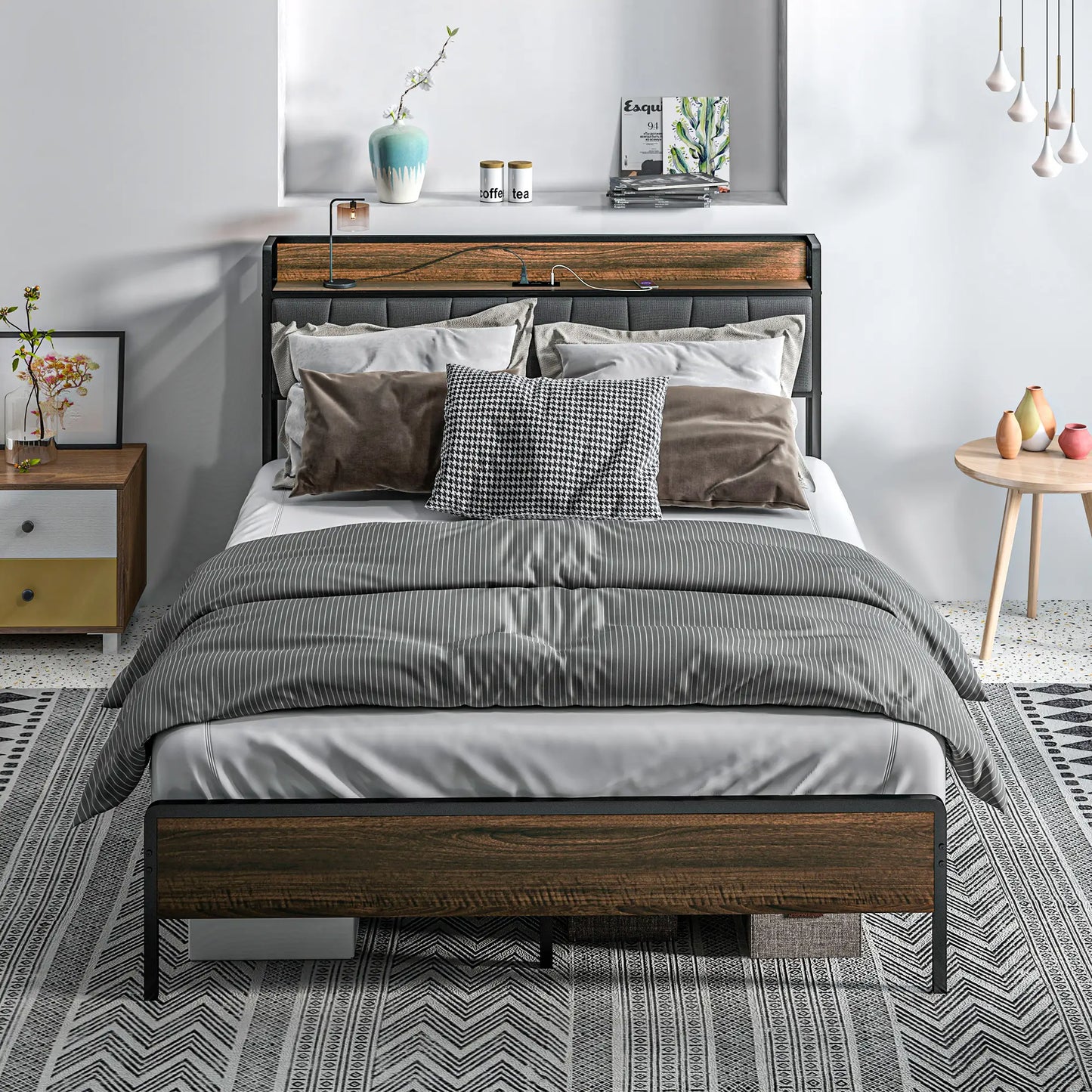 Queen Size Bed Frame, Upholstered Headboard, Storage Shelf, Walnut Bedroom Furniture at Gallery Canada