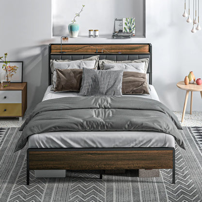 Queen Size Bed Frame, Upholstered Headboard, Storage Shelf, Walnut Bedroom Furniture at Gallery Canada