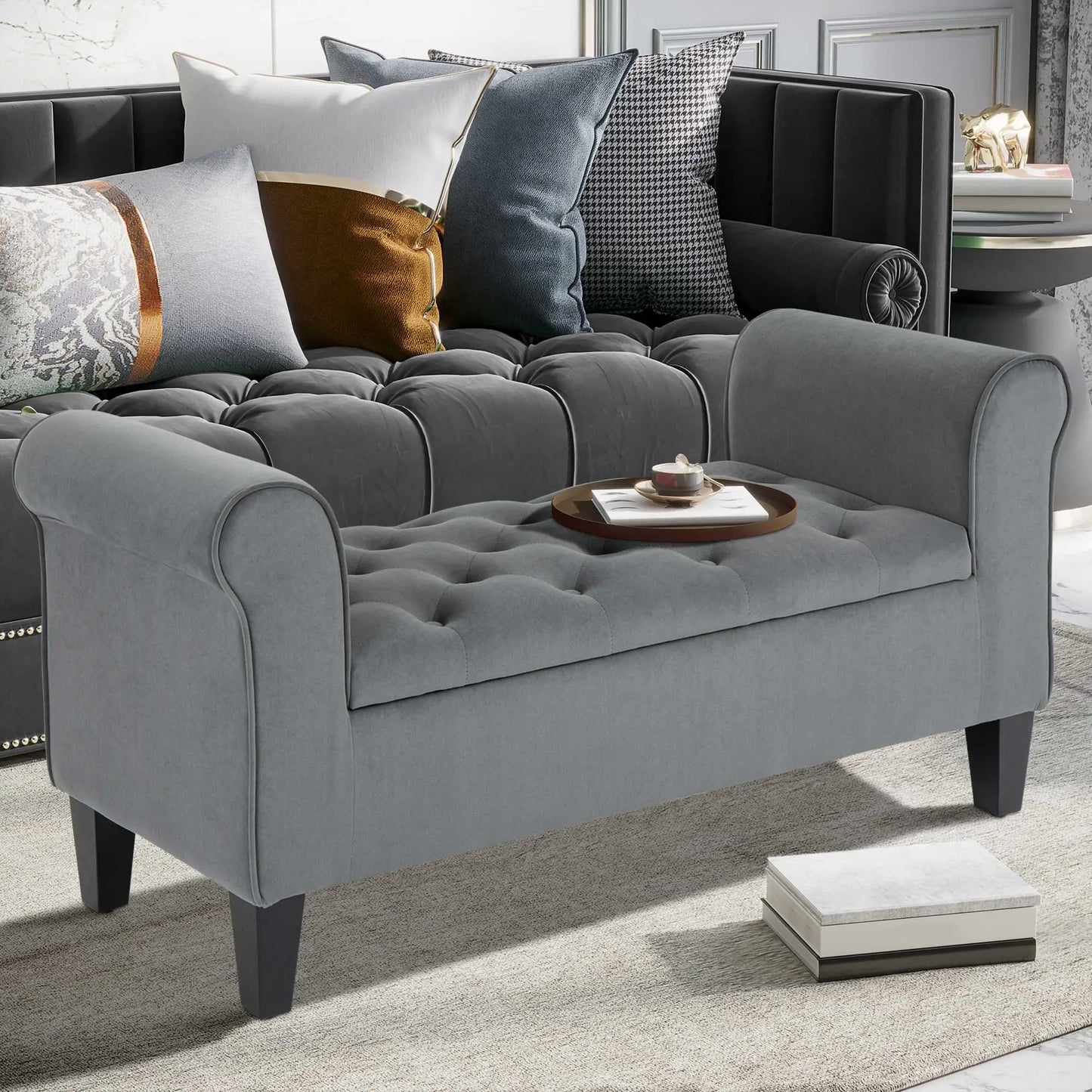 Button Tufted Storage Ottoman Bench, 70 Inches, Grey Storage Ottomans & Benches at Gallery Canada