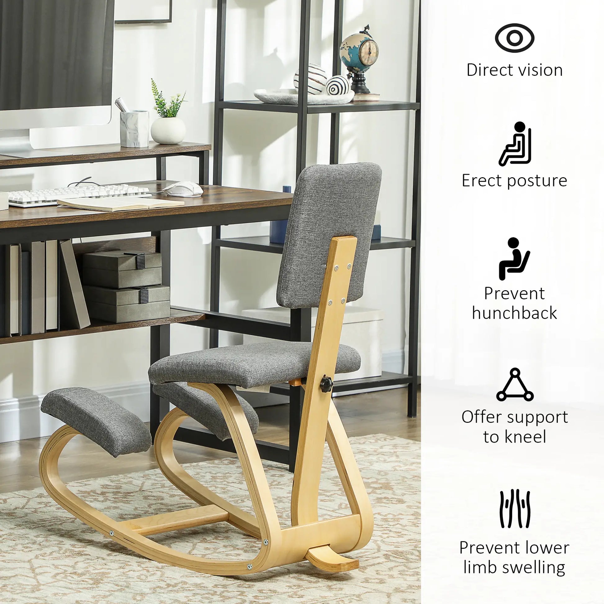 Ergonomic Kneeling Chair, Rocking Wood Kneel Stool with Backrest for Improve Posture, Back Pain, Grey Office Chairs at Gallery Canada