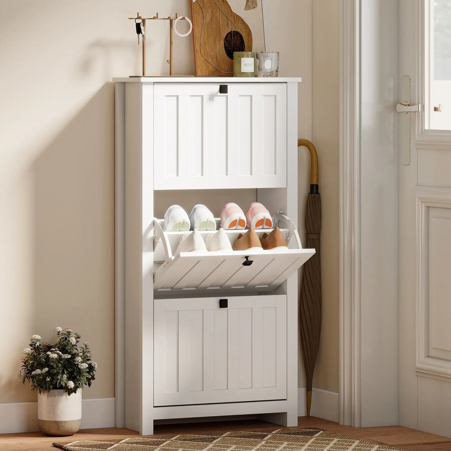 Slim Shoe Cabinet, 3 Flip Drawers, Adjustable Shelves, Holds 12 Pairs, White Shoe Storage Cabinets & Racks at Gallery Canada