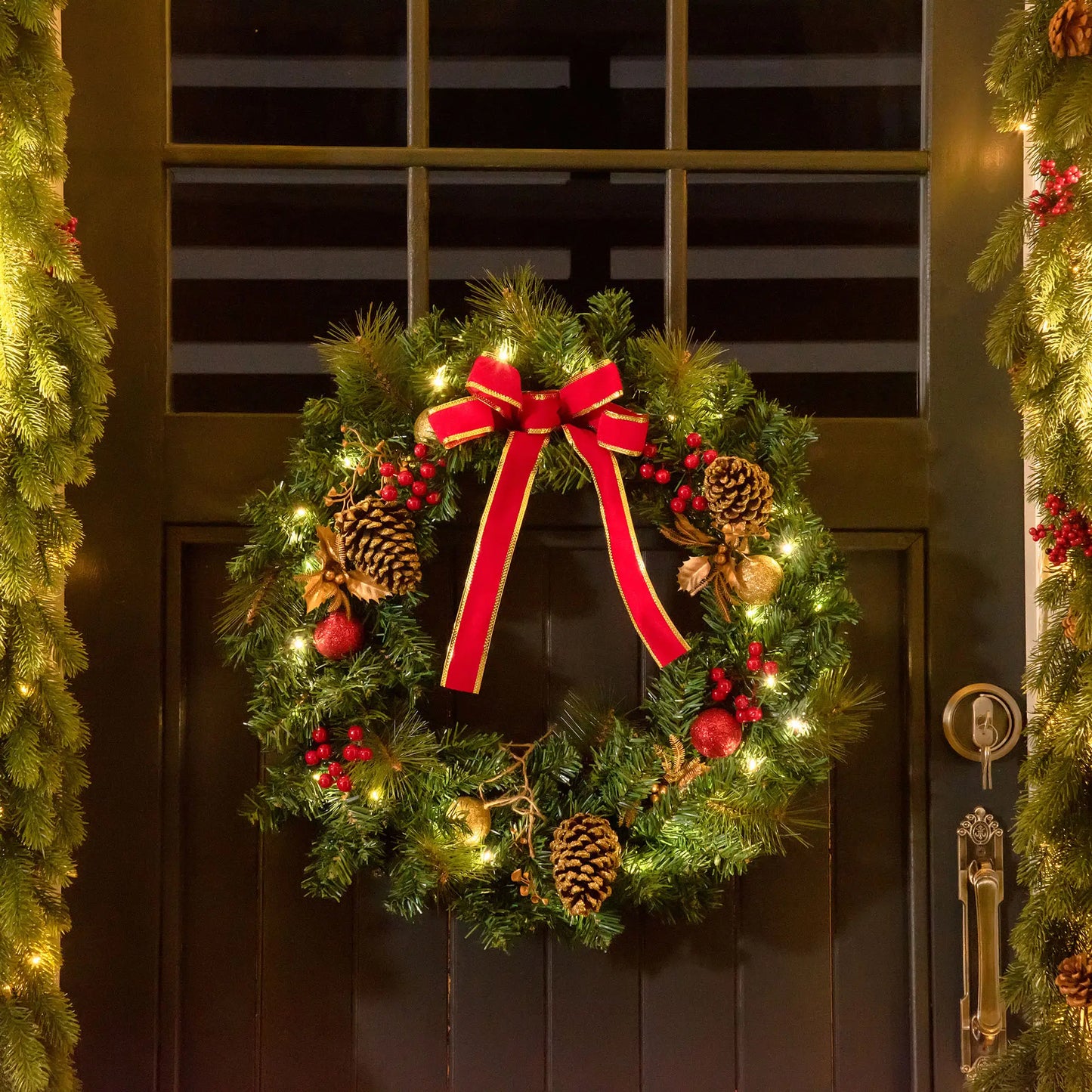 24" Pre-Lit Christmas Wreath, Artificial Greenery, 20 LED Lights, Red Berries Christmas Wreaths at Gallery Canada