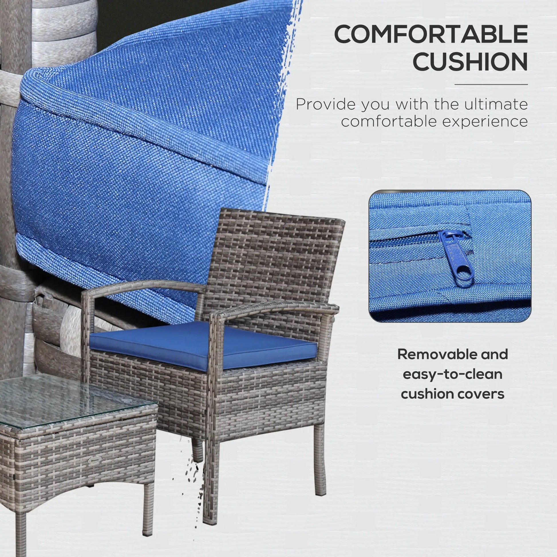 3-Piece Wicker Patio Set, Rattan Bistro with Coffee Table, Cushions, Blue Bistro Sets at Gallery Canada