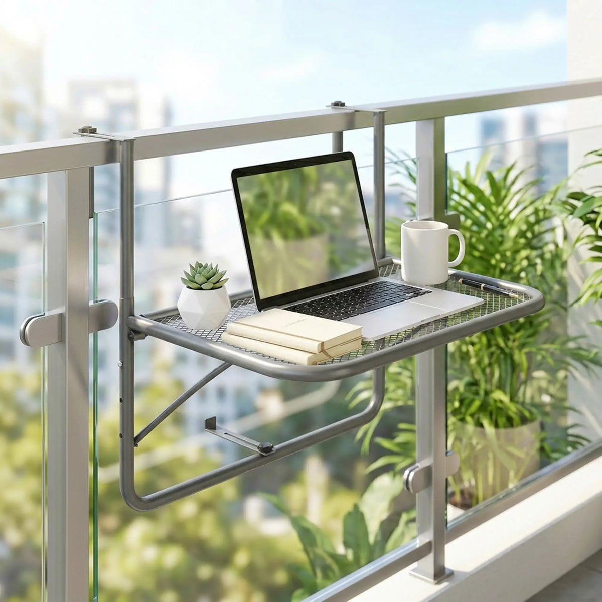 Table suspendue ajustable pour balcon, Bureau mural en métal, Support pour fleurs extérieur, Gris