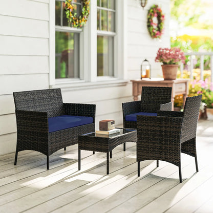 4-Piece Wicker Patio Furniture Set, Glass Coffee Table, Navy Blue Patio Furniture Sets at Gallery Canada