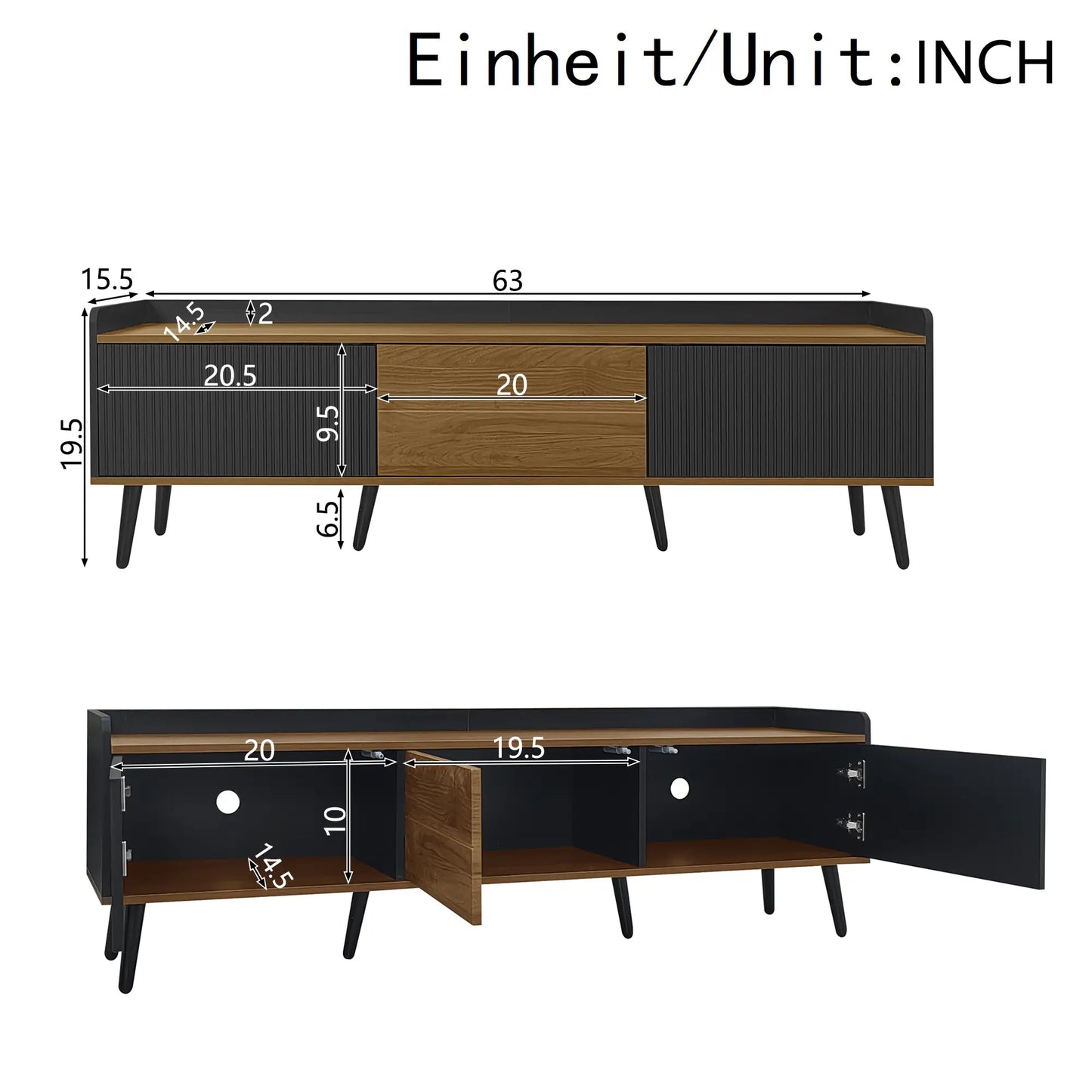 Three Door Stand, Raised Edge, Sturdy Wooden Legs, 63" L x 15.5" W x 19.5" H, Natural, Black TV Stands at Gallery Canada