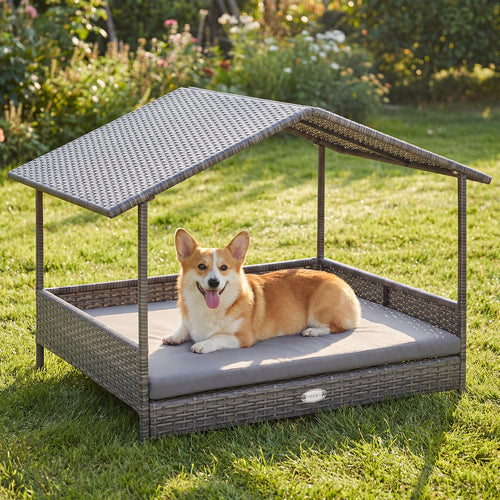 Elevated PE Rattan Dog Bed With Canopy, Gray