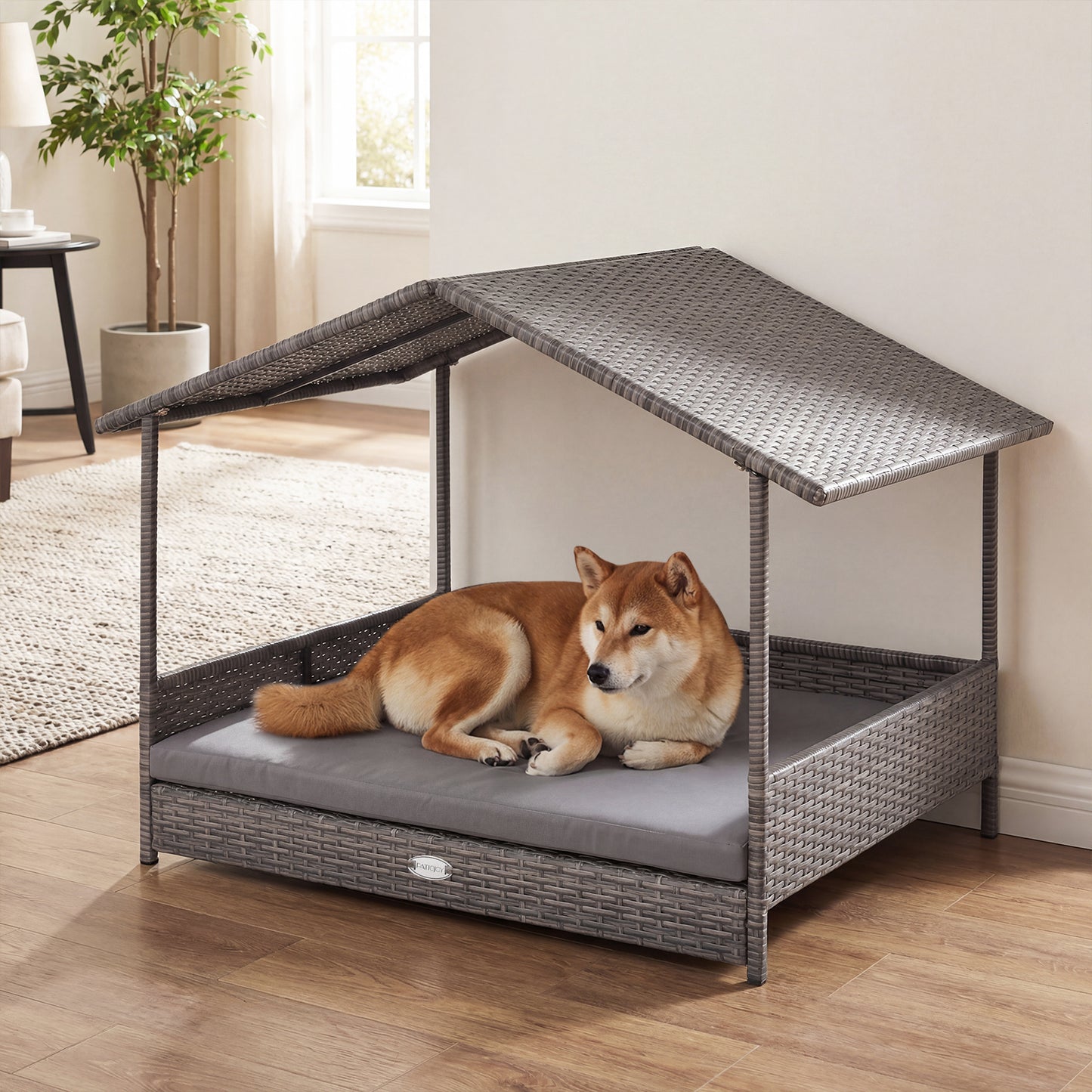 Elevated PE Rattan Dog Bed With Canopy, Gray