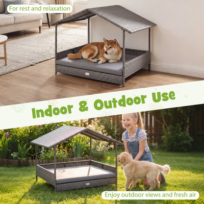 Elevated PE Rattan Dog Bed With Canopy, Gray